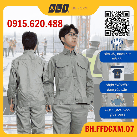 Bộ quần áo bảo hộ lao động Aligro chất liệu Kaki 2/1 bền đẹp, đồng phục cho công nhân màu ghi xi măng BH.FFDGXM.07