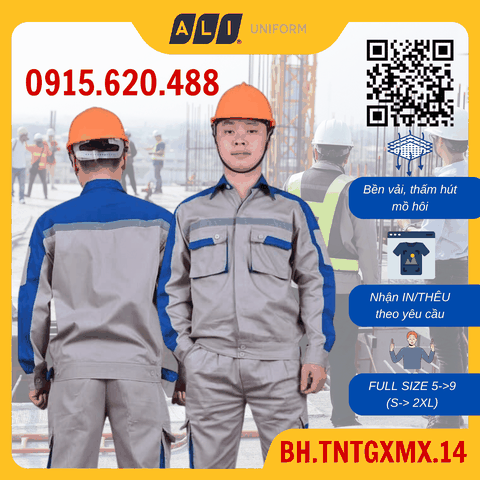 Bộ quần áo bảo hộ lao động Aligro chất liệu Pang Rim bền đẹp đồng phục cho công nhân màu xi măng phối xanh BH.TNTGXMX.14