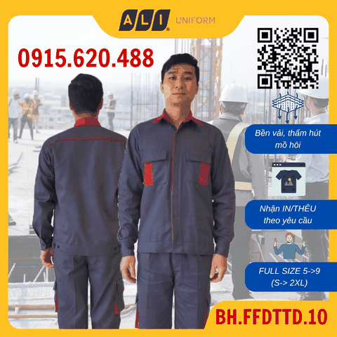 Bộ quần áo bảo hộ lao động Aligro chất liệu Kaki 2/1 bền đẹp, đồng phục cho công nhân màu tím than phối đỏ BH.FFDTTD.10