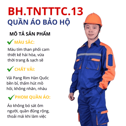 Bộ quần áo bảo hộ lao động Aligro chất liệu Pang Rim bền đẹp, đồng phục cho công nhân màu tím than phối cam BH.TNTTTC.13