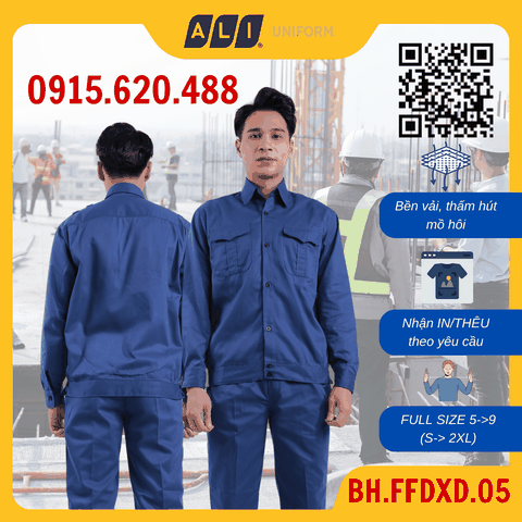 Bộ quần áo bảo hộ lao động Aligro chất liệu Kaki 2/1 bền đẹp, đồng phục cho công nhân, kỹ sư màu xanh dương BH.FFDXD.05