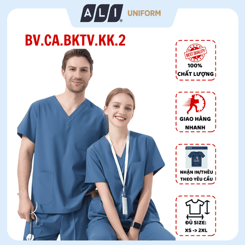 Bộ Scrubs bác sĩ cổ tim, quần áo phòng mổ, đồng phục điều dưỡng spa chất vải kaki chun hàn màu xanh 177 BV.CA.BKTV.KK.2
