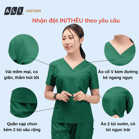 Bộ Scrubs bác sĩ cổ tim, quần áo phòng mổ, đồng phục điều dưỡng spa chất vải kaki chun hàn màu xanh 151 BV.CA.BKTV.KK.4