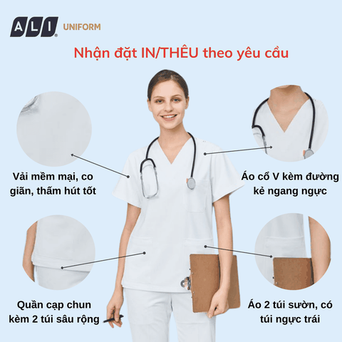 Bộ Scrubs bác sĩ cổ tim, quần áo phòng mổ, đồng phục điều dưỡng spa chất vải kaki chun hàn màu trắng BV.CA.BKTV.KK.5