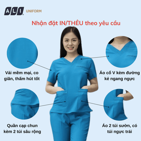 Bộ Scrubs bác sĩ cổ tim, quần áo phòng mổ, đồng phục điều dưỡng spa chất vải kaki chun hàn màu xanh 116 BV.CA.BKTV.KK.3