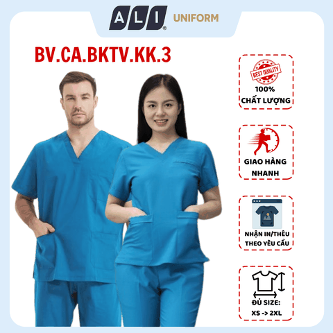Bộ Scrubs bác sĩ cổ tim, quần áo phòng mổ, đồng phục điều dưỡng spa chất vải kaki chun hàn màu xanh 116 BV.CA.BKTV.KK.3