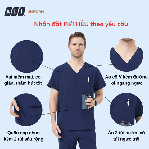 Bộ Scrubs bác sĩ cổ tim, quần áo phòng mổ, đồng phục điều dưỡng spa chất vải kaki chun hàn màu xanh than BV.CA.BKTV.KK.1