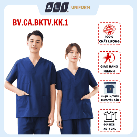 Bộ Scrubs bác sĩ cổ tim, quần áo phòng mổ, đồng phục điều dưỡng spa chất vải kaki chun hàn màu xanh than BV.CA.BKTV.KK.1