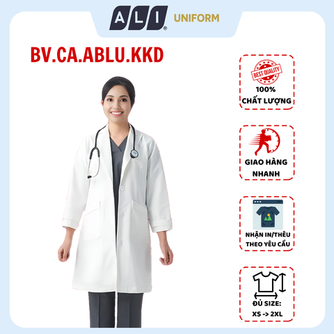 Áo choàng blouse, áo blue trắng dài tay, dáng dài, chất vải kaki chun hàn cho bác sĩ, dược sĩ, spa Aligro BV.CA.ABLU.KKD