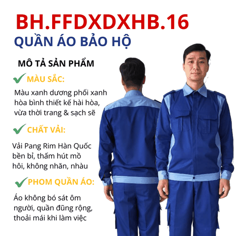Quần áo bảo hộ lao động Aligro chất liệu Pang Rim bền đẹp cho công nhân màu xanh dương phối xanh hòa bình BH.FFDXDXHB.16