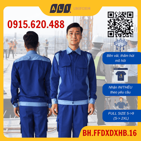 Quần áo bảo hộ lao động Aligro chất liệu Pang Rim bền đẹp cho công nhân màu xanh dương phối xanh hòa bình BH.FFDXDXHB.16