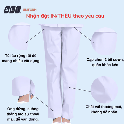 Quần blouse, quần blue trắng cạp chun chất vải oxford cho bác sĩ, dược sĩ, nhân viên y tế Aligro BV.CA.QBLU.OX