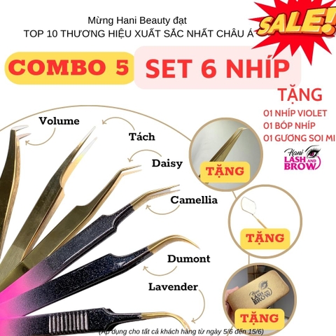 Combo Set 6 Nhíp 6 Cây - Volume - Daisy - Camelia - Dumont - Lavener - Violet ( Tặng Bóp, Gương Soi Mi, Nhíp Violet)