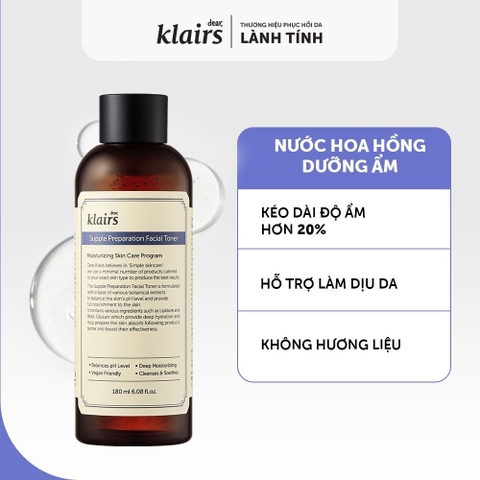 Nước Hoa Hồng Klairs Supple Preparation Facial Toner 180ml Unscented Toner Có Mùi Hương và Không Mùi