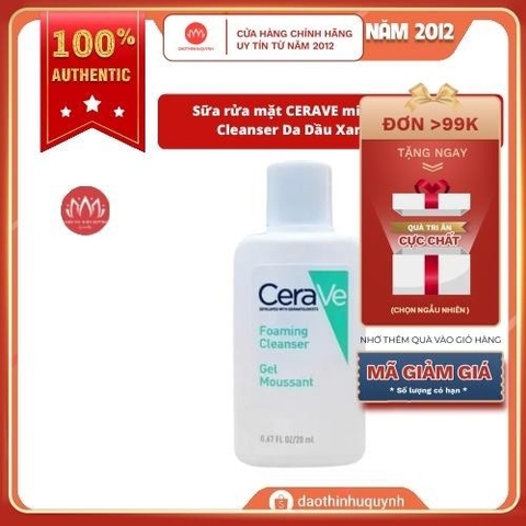 Sữa rửa mặt CERAVE mini Gel Moussant Cleanser Da Dầu Xanh Ngọc 30ml