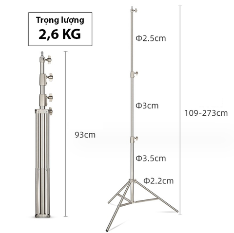 Chân đèn INOX BSL280 chiều cao điều chỉnh 1m-2,8m (tải trọng 10-20kg)