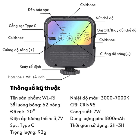 Đèn led WL-R1 RGB trợ sáng makeup, quay video chụp ảnh