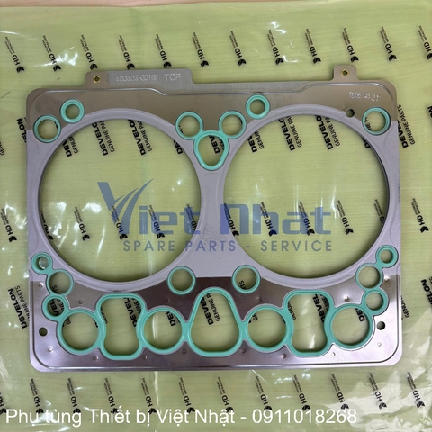 Tổng thể gioăng mặt máy Doosan DE08 với các đường nước, dầu và buồng đốt.