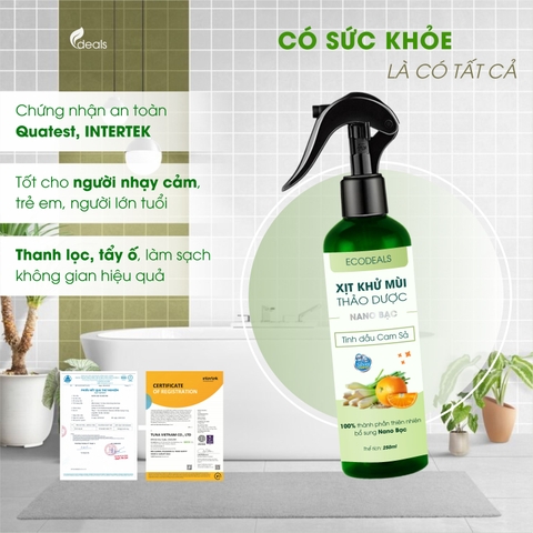 Xịt Khử mùi Kháng khuẩn Nano Bạc ECODEALS - Tinh dầu Cam Sả