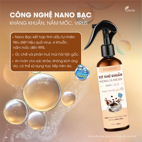 Xịt Khử mùi Kháng khuẩn Nano Bạc ECODEALS - Tinh dầu Cà phê sữa