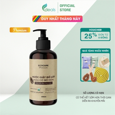 [Premium] Nước giặt đồ lót hữu cơ cao cấp Bồ hòn Ecocare tinh dầu Bạc Hà & Cam 300ml