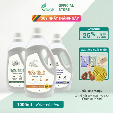 Nước Rửa Tay Bồ Hòn Hữu Cơ ECOCARE 1 Lít - Sạch khuẩn, chăm sóc da tay, tinh dầu khử mùi