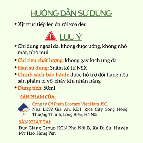 Xịt Thảo Mộc Chống Muỗi Đốt Ecocare (Xịt Body), Ngăn Côn Trùng Cắn 50ml