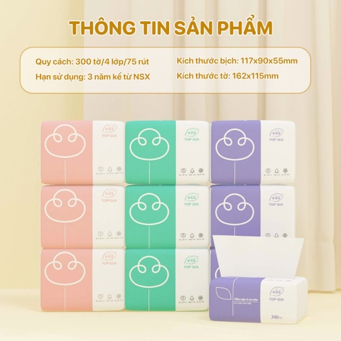 Giấy ăn rút TOPGIA 300 tờ 4 lớp - Loại 3 màu