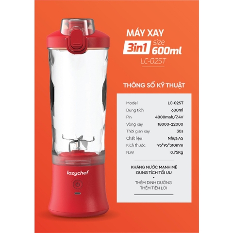 Máy Xay Cầm Tay Tích Điện Đa Năng 3IN1 Lazychef - Máy Xay Sinh Tố Kháng Nước, Dung Tích 600ml