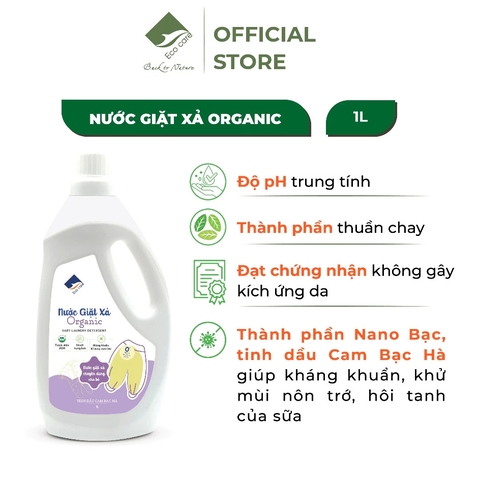 Nước Giặt Xả Hữu Cơ Em Bé ECOCARE 1L - Tinh dầu Cam Bạc hà, PH trung tính, không kích ứng