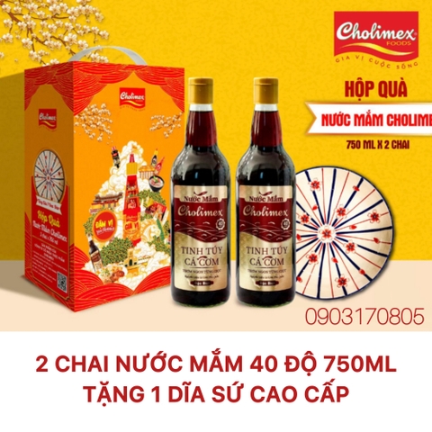 (Thùng 6 hộp) Hộp quà tết 2 chai NƯỚC MẮM CÁ CƠM 40 ĐỘ 750ml CHOLIMEX tặng kèm dĩa sứ 2026