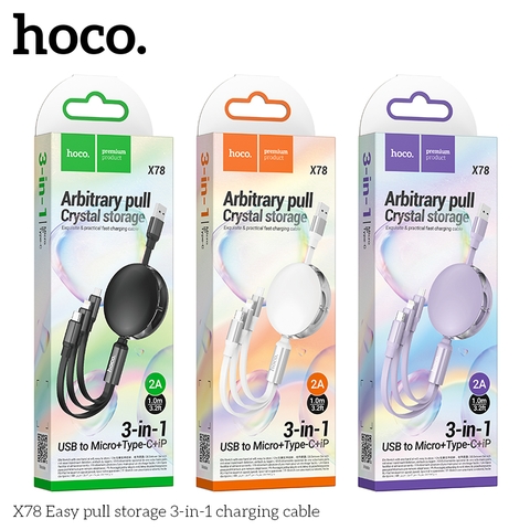 Cáp sạc nhanh Hoco X78 cuộn 3in1 dây rút 1m 3 đầu đa năng chính hãng [BH: 1 NĂM] / pktn sale