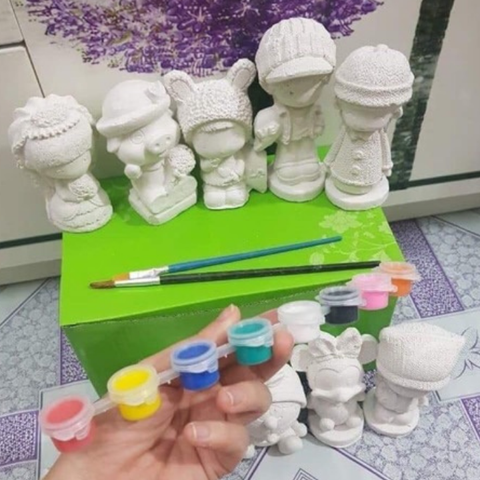 Bộ Tô Tượng Thạch Cao 10 Hình Kèm Khay Màu Và Bút Vẽ Cho Bé (Box Xanh)