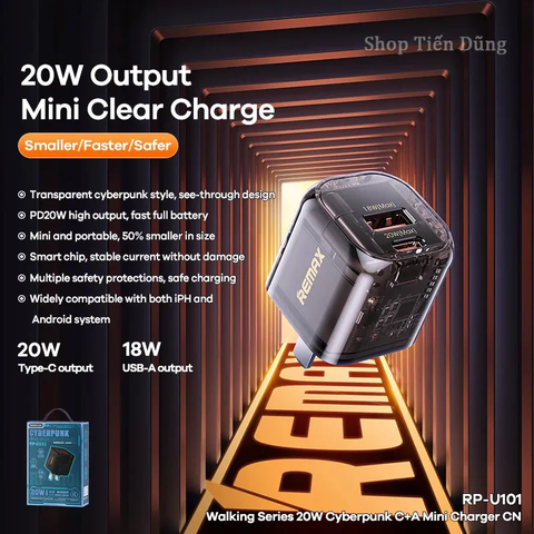 Cóc sạc nhanh 20w Remax RP-U101 trong suốt lộ mạch PD (1 cổng Type C, 1 cổng USB 18w) cho iphone 11 12 13 chính hãng [BH 1 Năm]