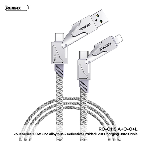 Cáp sạc nhanh 100W 4 đầu Remax RC-C119 A+C>C+L đa năng (USB + TYPE C RA TYPE C LIGHTNING) chính hãng [BH 1 NĂM] D209-12283-9l5