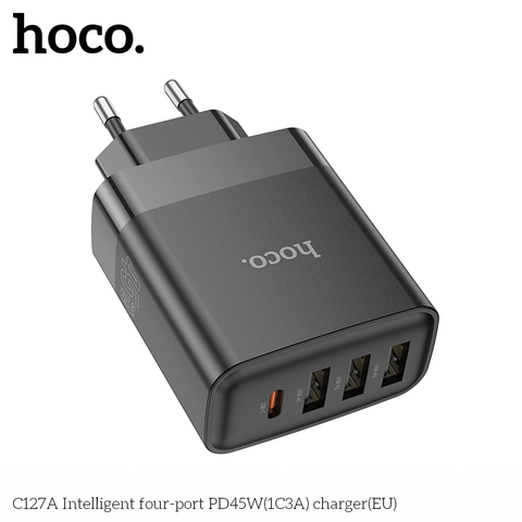 Cóc sạc nhanh 45w HOCO C127A chính hãng (1 cổng Type-C PD vs 3 cổng Usb QC3.0) chân tròn EU [BH 1 năm]