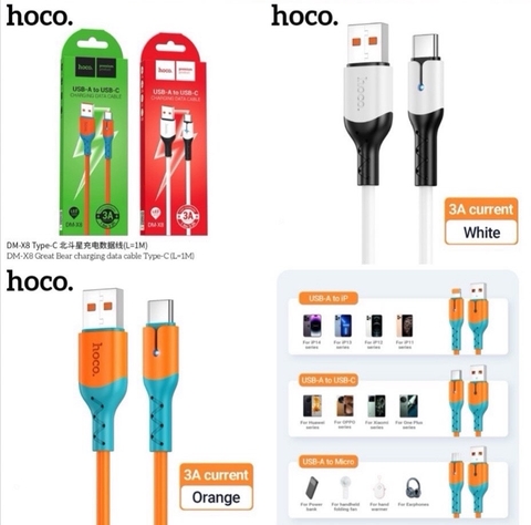 Cáp sạc nhanh 3A Hoco DM-X8 Type-C (Usb ra Type C) dây silicon chính hãng [BH: 1 NĂM]