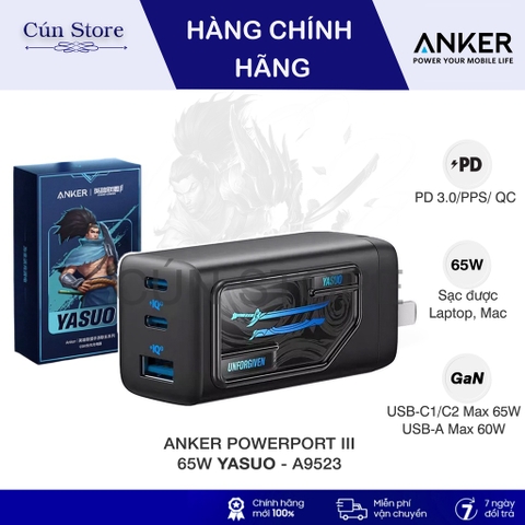 Cóc sạc nhanh 65w Anker A9523 PowerPort III Yasuo (2 cổng type-c, 1 cổng usb) chính hãng [BH 1 năm]