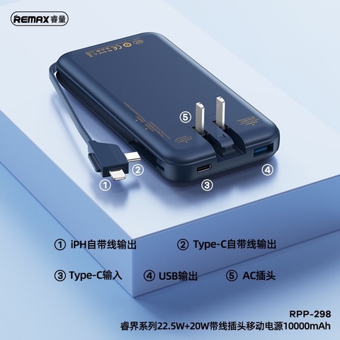 Pin sạc nhanh 22.5w REMAX RPP-298 10.000mAh dự phòng PD QC3.0 (kèm cáp liền pin, ghim sạc ổ điện) chính hãng [BH 1 năm]