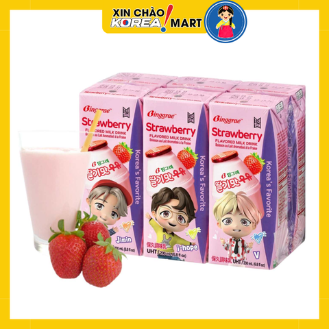 Sữa tươi Binggrae Hàn Quốc hương dâu lốc 6 hộp x 200ml | 빙그레 딸기맛 우유