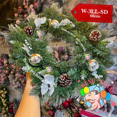 Vòng hoa 3 loại lá lăn kim tuyến bạc trang trí