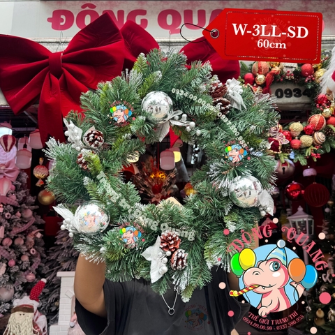 Vòng hoa 3 loại lá lăn kim tuyến bạc trang trí