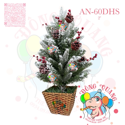 Cây thông mini PE 2 loại lá phủ tuyết gắn trái thông, cherry