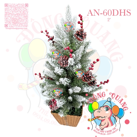 Cây thông mini PE 2 loại lá phủ tuyết gắn trái thông, cherry