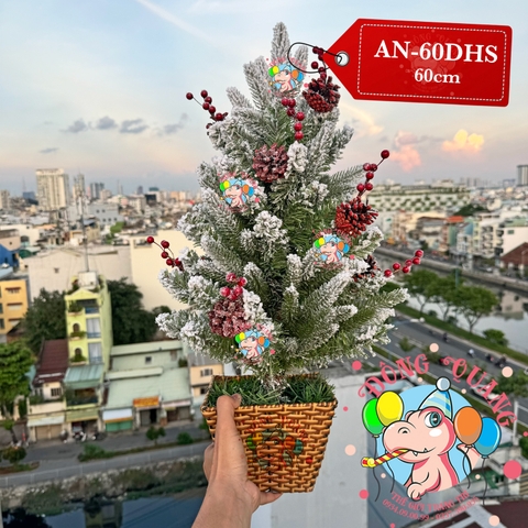 Cây thông mini PE 2 loại lá phủ tuyết gắn trái thông, cherry