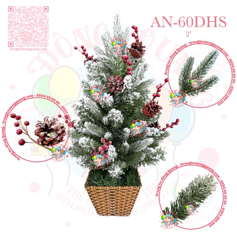 Cây thông mini PE 2 loại lá phủ tuyết gắn trái thông, cherry