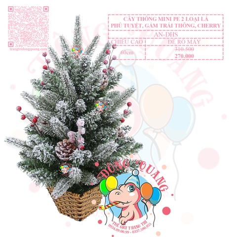 Cây thông mini PE 2 loại lá phủ tuyết gắn trái thông, cherry