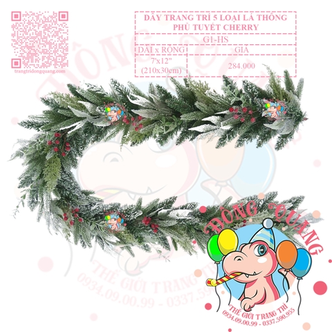 Dây trang trí 5 loại lá thông phủ tuyết cherry