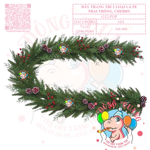 Dây trang trí 2 loại lá PE trái thông, cherry