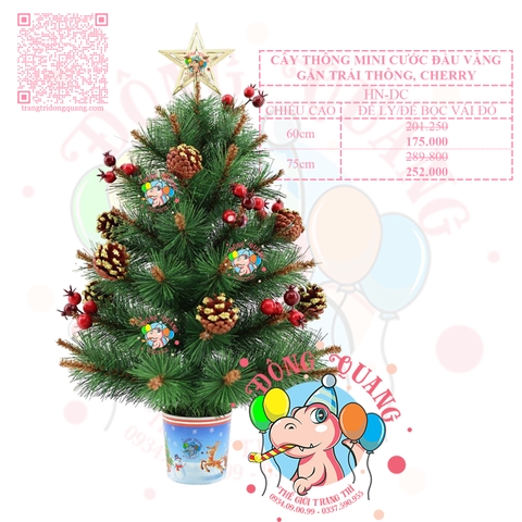 Cây thông mini cước đầu vàng gắn trái thông, cherry